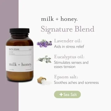 milk + honey Calming Bath Soak No. 8, Moisturizing Epsom Salt Bath Soak with Lavender and Eucalyptus Oils, Soothing and Relaxing Bath Soak, 10 oz