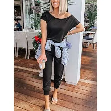 ANRABESS Jumpsuits for Women Summer Casual Loose Off Shoulder Soft Romper 2024 Spring Fashion One Piece Cute Short Sleeve Onesie Work Overalls Cruise Jumpers Trendy Outfits Black 203heise-XL