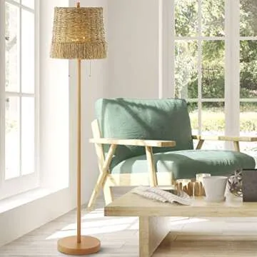 JONATHAN Y JYL3091A Ocata 61" 2-Light Coastal Bohemian Iron/Rattan LED Floor Lamp with Pull-Chain Farmhouse, Rustic Standing Reading Lamp LED Bulb Included, Brown Wood Finish