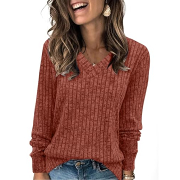 Trendy Women's V Neck Long Sleeve Sweaters - Caramel Fall Fashion 2024