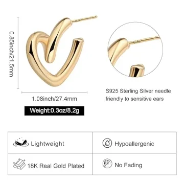 18K Gold Plated/Silver Plated Heart Design Hoop Earrings for Women Hypoallergenic Open Chunky Heart Hoop Earrings Trendy Gold Jewelry for Party Gift