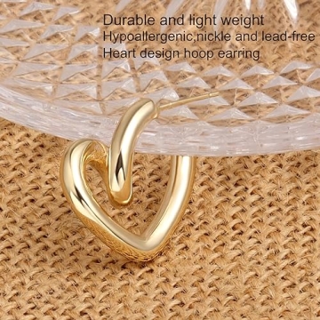 18K Gold Plated/Silver Plated Heart Design Hoop Earrings for Women Hypoallergenic Open Chunky Heart Hoop Earrings Trendy Gold Jewelry for Party Gift