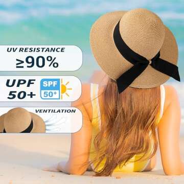 Beach Hats for Women - Wide Brim Straw Sun Hat with Wind Lanyard, UV Protection UPF 50+ Sun Hats Wom...