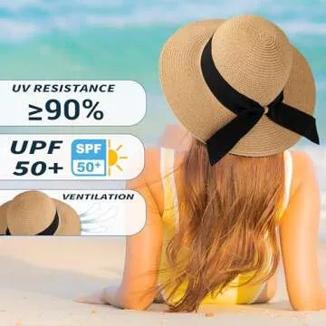 Beach Hats for Women - Wide Brim Straw Sun Hat with Wind Lanyard, UV Protection UPF 50+ Sun Hats Wom...