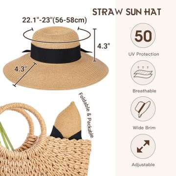 Beach Hats for Women - Wide Brim Straw Sun Hat with Wind Lanyard, UV Protection UPF 50+ Sun Hats Womens, Foldable Roll Up Summer Beach Hat for Women A-Khaki