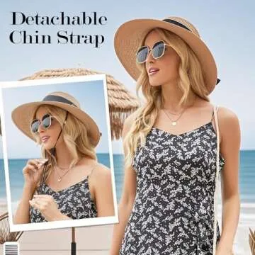 Beach Hats for Women - Wide Brim Straw Sun Hat with Wind Lanyard, UV Protection UPF 50+ Sun Hats Womens, Foldable Roll Up Summer Beach Hat for Women A-Khaki