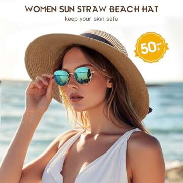 Beach Hats for Women - Wide Brim Straw Sun Hat with Wind Lanyard, UV Protection UPF 50+ Sun Hats Womens, Foldable Roll Up Summer Beach Hat for Women A-Khaki