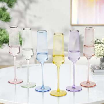 mopam Colored Champagne Flutes Set of 6 Multi-color 8.8 Oz Champagne Glass Crystal Glasses Elegant Gift for Wedding Party Birthdays Engagement Bridal Shower