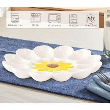 YU&CH Ceramic Deviled Egg Platter Sunflower Deviled Egg Tray Deviled Egg Plate White Devil Egg Tray For Party Deviled Egg Container
