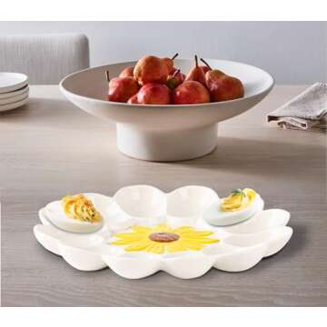 YU&CH Ceramic Deviled Egg Platter Sunflower Deviled Egg Tray Deviled Egg Plate White Devil Egg Tray For Party Deviled Egg Container