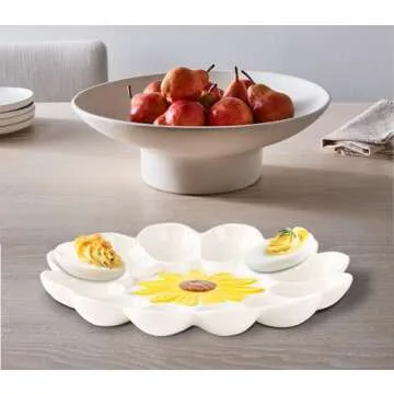 YU&CH Ceramic Deviled Egg Platter Sunflower Deviled Egg Tray Deviled Egg Plate White Devil Egg Tray For Party Deviled Egg Container