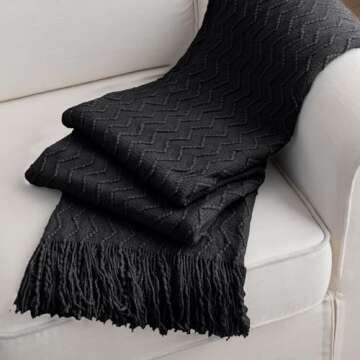 BATTILO HOME Black Throw Blanket for Couch, Boho Black Throws for Home Decor, Soft Black Blanket Thr...