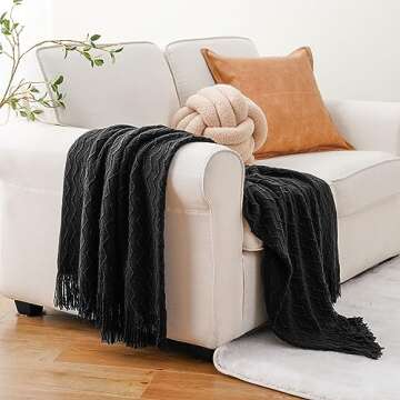 BATTILO HOME Black Throw Blanket for Couch, Boho Black Throws for Home Decor, Soft Black Blanket Throw for Bedroom Decor Housewarming Gifts, 50"x60"