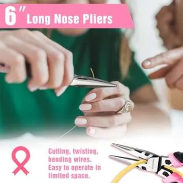 WORKPRO 3-Piece Pliers Set, Pink Pliers Tool Set Including Needle Nose Pliers, Diagonal Cutting Pliers, and Slip Joint Pliers for Plumbing, Automotive and General Applications - Pink Ribbon