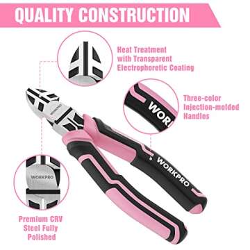 WORKPRO 3-Piece Pliers Set, Pink Pliers Tool Set Including Needle Nose Pliers, Diagonal Cutting Pliers, and Slip Joint Pliers for Plumbing, Automotive and General Applications - Pink Ribbon