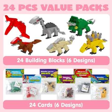 JOYIN 24 Packs Valentines Day Cards with Dinosaur Building Blocks for Gifts Party Favor, Classroom E...