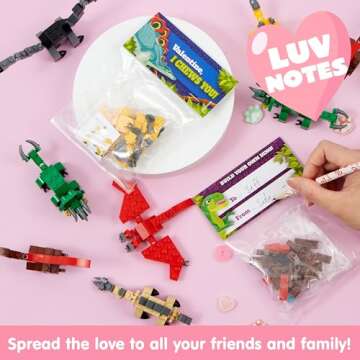 JOYIN 24 Packs Valentines Day Cards with Dinosaur Building Blocks for Gifts Party Favor, Classroom Exchange Prize, Valentine’s Greeting Cards