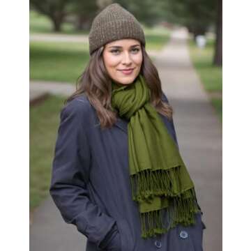 Achillea Large Soft Silky Pashmina Shawl Wrap Scarf in Solid Colors (Olive Green)