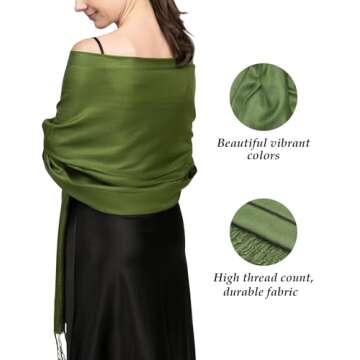 Achillea Large Soft Silky Pashmina Shawl Wrap Scarf in Solid Colors (Olive Green)