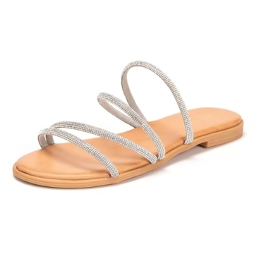 Frank Mully Womens Slide Sandals Open Toe Rhinestone Straps Slip On Beach Slide Casual Dressy Flats ...