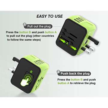 RXSQUL Universal International Power Travel Plug Adapter, 5 in 1 European Adapter W/ 2.4A 3xUSB-A 3.0A 1xUSB C Wall Charger and Worldwide AC Outlet for Europe USA UK AUS Asia-Green