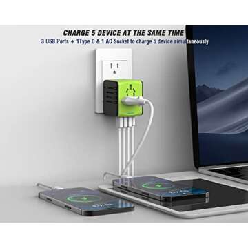 RXSQUL Universal International Power Travel Plug Adapter, 5 in 1 European Adapter W/ 2.4A 3xUSB-A 3.0A 1xUSB C Wall Charger and Worldwide AC Outlet for Europe USA UK AUS Asia-Green