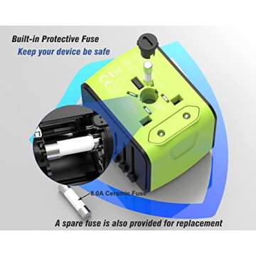 RXSQUL Universal International Power Travel Plug Adapter, 5 in 1 European Adapter W/ 2.4A 3xUSB-A 3.0A 1xUSB C Wall Charger and Worldwide AC Outlet for Europe USA UK AUS Asia-Green