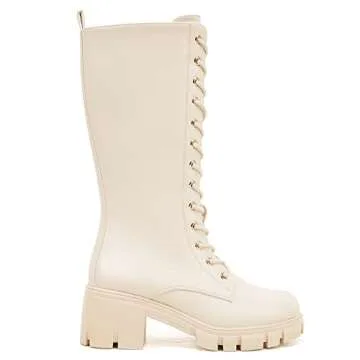 Stylish TINSTREE Women’s Knee High Platform Boots, Cream, 8.5