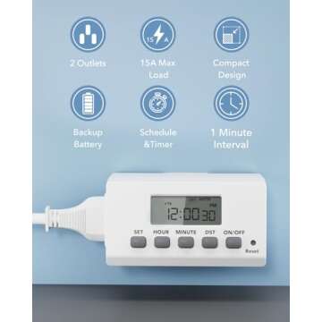BN-LINK Digital Timer Outlet Indoor,24 Hour Light Timer Easy Programmable,Mini 2 Prong Plug in Timer...