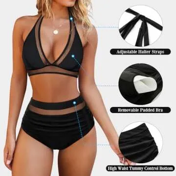 OMKAGI Sexy V Neck High Waisted Mesh Bikini Set