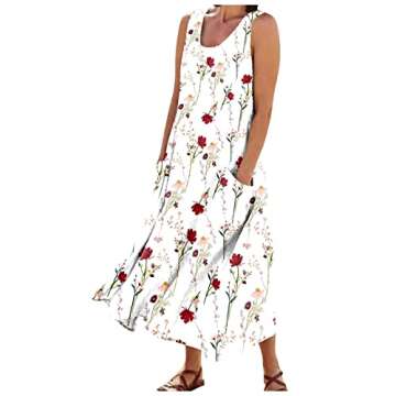 XSSFCC Spring Dresses for Women 2023 Summer Clothes Loose Bohemian Floral Print Dress with Pockets Long Maxi Sleeveless Summer Beach Swing Dress Plus Size Dresses for Women Party White 2XL