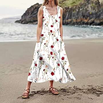XSSFCC Spring Dresses for Women 2023 Summer Clothes Loose Bohemian Floral Print Dress with Pockets Long Maxi Sleeveless Summer Beach Swing Dress Plus Size Dresses for Women Party White 2XL