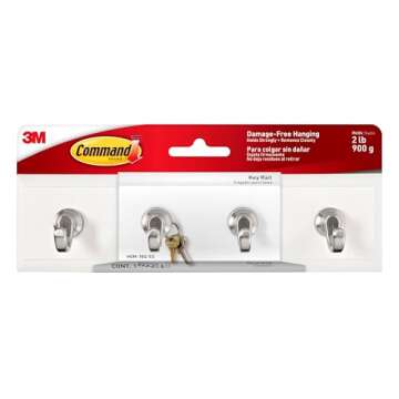 Command Key Rail, Holds up to 2 lb, 8-inch Rail with 4 Key Hooks and 6 Command Strips, Quartz, Remov...