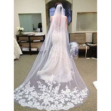 Qivange Wedding Bridal Veil with Comb 1 Tier White Ivory Cathedral Veil Lace Applique Edge 3M Long Bridal Veil, White
