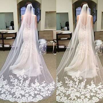 Qivange Wedding Bridal Veil with Comb 1 Tier White Ivory Cathedral Veil Lace Applique Edge 3M Long Bridal Veil, White