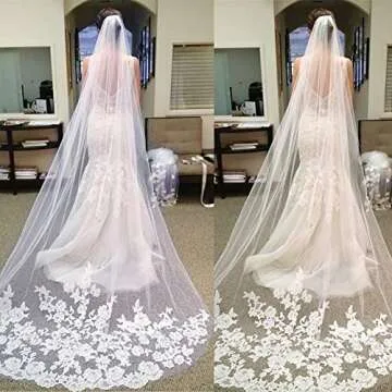 Qivange Wedding Bridal Veil with Comb 1 Tier White Ivory Cathedral Veil Lace Applique Edge 3M Long Bridal Veil, White