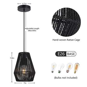 LamQee Rattan Pendant Lights Kitchen Island Woven Boho Pendant Lighting Fixture Wide Rattan Hanging Lamp Over Island Wicker Rattan Chandelier for Living Dining Room 7.08 inch Diameter