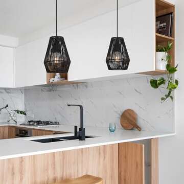 LamQee Rattan Pendant Lights Kitchen Island Woven Boho Pendant Lighting Fixture Wide Rattan Hanging Lamp Over Island Wicker Rattan Chandelier for Living Dining Room 7.08 inch Diameter