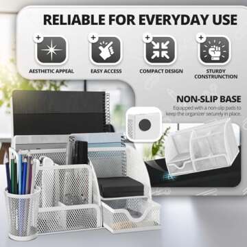 Flexzion Desk Caddy Organizer Set (White) - Metal Mesh Desktop Caddy with Drawers, 6 Compartments, a...