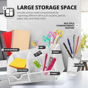 Flexzion Desk Caddy Organizer Set (White) - Metal Mesh Desktop Caddy with Drawers, 6 Compartments, and Pencil Holder for Women & Men - Desktop Organizer and Storage for Work or Office Supplies