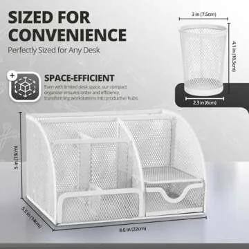 Flexzion Desk Caddy Organizer Set (White) - Metal Mesh Desktop Caddy with Drawers, 6 Compartments, and Pencil Holder for Women & Men - Desktop Organizer and Storage for Work or Office Supplies