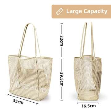 KALIDI Beach Mesh Tote Bag, Casual Tote Grocery Bag Hobo Women Foldable MAX 23L Shoulder Bag For Beach Picnic Vacation