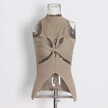 SAFRISIOR Women Sexy Hollow Out Twist Front Knitted Tank Tops Sleeveless High Neck Cut Out Sweater V...