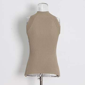 SAFRISIOR Women Sexy Hollow Out Twist Front Knitted Tank Tops Sleeveless High Neck Cut Out Sweater Vest Khaki