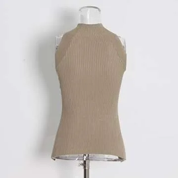 SAFRISIOR Women Sexy Hollow Out Twist Front Knitted Tank Tops Sleeveless High Neck Cut Out Sweater Vest Khaki