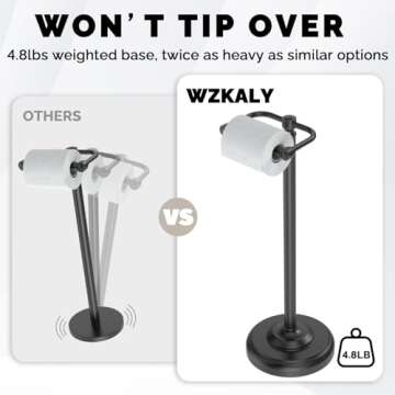 WZKALY Toilet Paper Holder Stand, Matte Black Toilet Paper Holder Free Standing, Post Pivoting Design & Stable Weighted Base SUS304 Stainless Steel for Bathroom(Mega Roll)