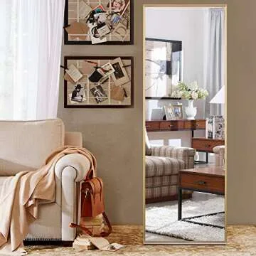 MIRUO Floor Length Mirror, Full Body Standing Mirror with Tall, Large, & Wide View with Aluminum Framed Decorative Wall Mounted Style for Living, Dressing, Bed Room 65"x22" (Gold)