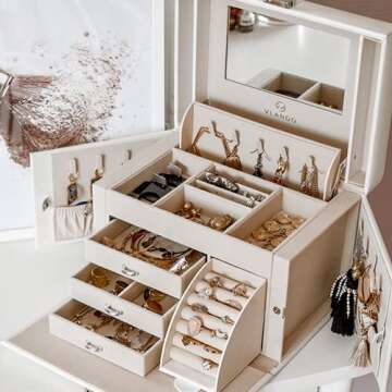 Vlando Jewelry Box Organizer for Girls Women, Large Vintage Jewelry Storage Box with Mirror, Drawers...