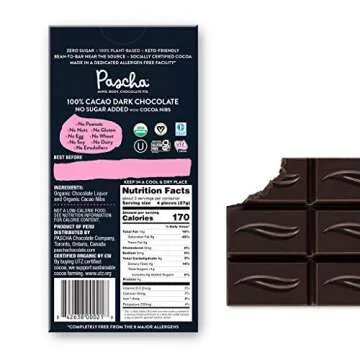 Pascha Organic No Added Sugar 100% Cacao With Cocoa Nibs Chocolate Bars, UTZ, Gluten Free, Non GMO, ...