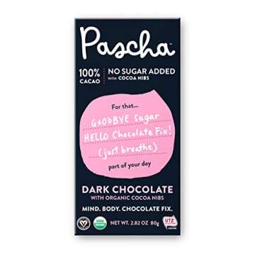 Pascha Organic No Added Sugar 100% Cacao With Cocoa Nibs Chocolate Bars, UTZ, Gluten Free, Non GMO, Pack of 5